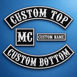 May include: A set of four black and white embroidered patches. The top and bottom patches are curved with the text CUSTOM TOP and CUSTOM BOTTOM. A square patch features the letters MC, and a rectangular patch displays the text CUSTOM NAME.