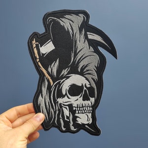 SKULL REAPER großer Back Patch für Custom Biker Weste, gestickter großer Aufnäher, Harley Davidson Aufnäher