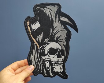 Skull Reaper Embroidered Back Patch, Custom Biker Vest Iron On Patch (6 X 9.5 INCH)