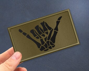 Shaka Hang Loose Skeleton Laser-Cut Patch (Ranger Green/Orange) - Velcro Morale Patch For Backpacks, Caps & Tactical Gear