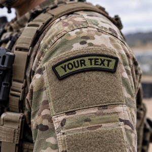 May include: A curved olive green tactical patch with a black border and the text YOUR TEXT in black capital letters. The patch is attached to the sleeve of a camouflage uniform featuring a multi-colored pattern of tan, brown, and green tones.