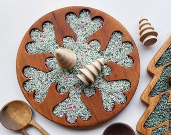 Snowflake Christmas cherry wood tinker sensory sorting TRAY homeschool lesson play board plate holiday wooden gift toy Montessori winter