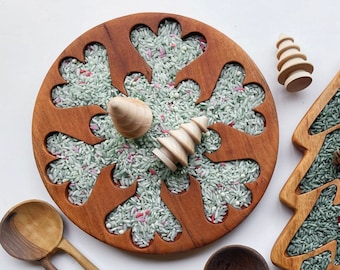 Snowflake Christmas cherry wood tinker sensory sorting TRAY homeschool lesson play board plate holiday wooden gift toy Montessori winter