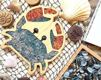 Crab crustaceans sensory tray board sorting homeschool ocean summer sea lesson play pretend play beach nature summer Montessori