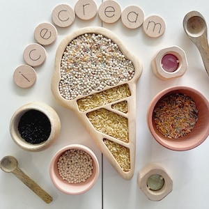Eiswaffel Ahorn Holz basteln Sensorische Sortierbrett homeschool Unterricht Spielbrett Teller Frühling Montessori Eis am Stiel Frühling Sommer