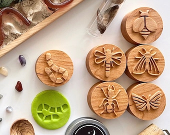 BUGS Cherry wood play dough STAMP SET Chunky playdough kids toddlers nature toy kit stampers homeschool lesson bee spring lifecycle insect