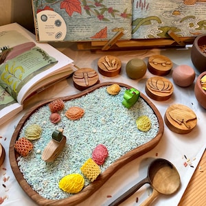 Pond playscape sensory tray cherry wood tinker bin homeschool lesson play board plate lake toy Montessori spring summer setup activity