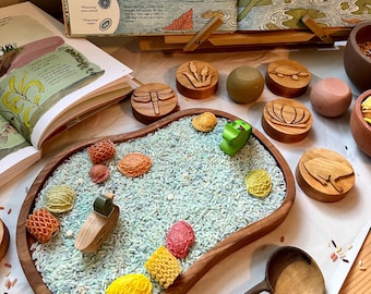 Pond playscape sensory tray cherry wood tinker bin homeschool lesson play board plate lake toy Montessori spring summer setup activity