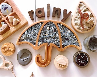 Umbrella and raindrop cherry wood tinker sensory sorting tray weather homeschool lesson play board science rainy day rain