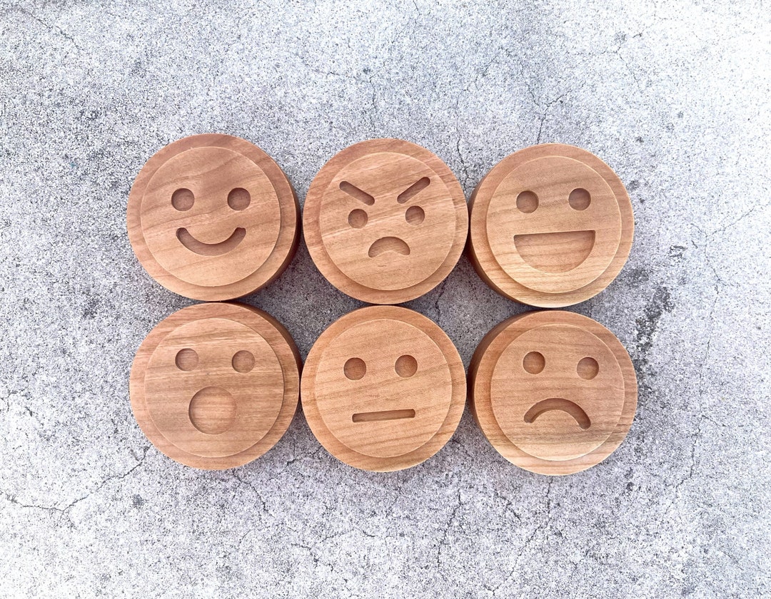 EMOTIONS Cherry Wood Play Dough STAMP SET Playdough Crafts Kids Toddlers  Feelings Clay Toy Kit Stampers Homeschool Montessori Lesson 