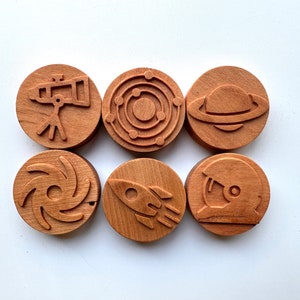 SPACE Cherry wood play dough Stamp Set Chunky astronaut planet moon toddlers stampers wooden blocks play dough homeschool Montessori toy