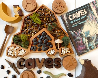 CAVE cavern cherry Wood tinker tray board sorting homeschool fall winter nature lesson play sensory play Montessori  woodland camp summer