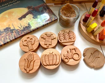 HARVEST Cherry wood play dough STAMP SET playdough fall autumn kids toddlers toy kit stampers homeschool Montessori lesson plants farm