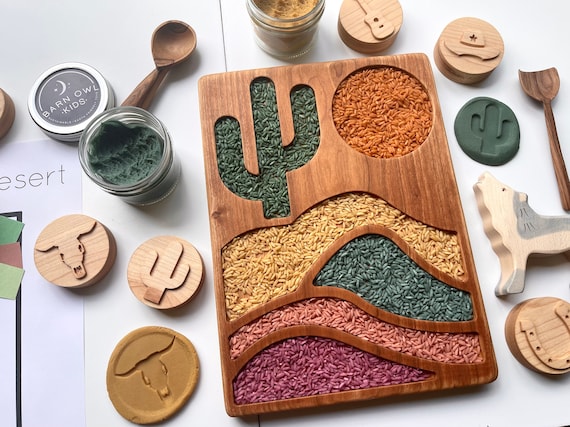 DESERT landscape cherry wood sensory board sorting tinker tray homeschool fall sun cactus dunes lesson play board pretend Montessori plate