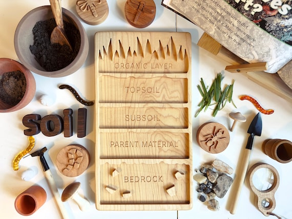 Soil Layers sensory tray cherry wood educational homeschool lesson activity supplies Montessori learning board wooden toy earth dirt