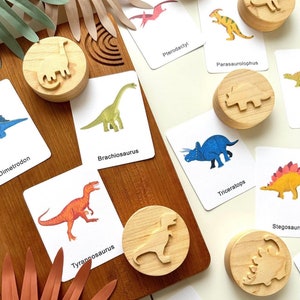 DINOSAURS Maple wood playdough Stamp Set Chunky dinos dino kids toddlers stampers wooden blocks play dough homeschool Montessori toy image 1