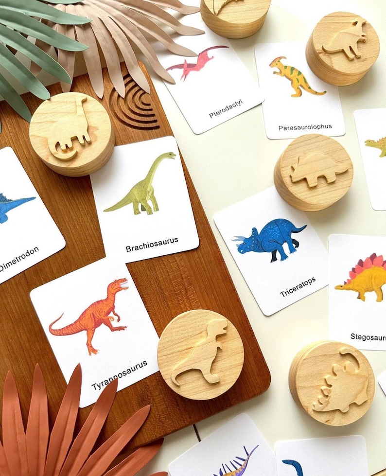 DINOSAURS Maple wood playdough Stamp Set Chunky dinos dino kids toddlers stampers wooden blocks play dough homeschool Montessori toy image 1