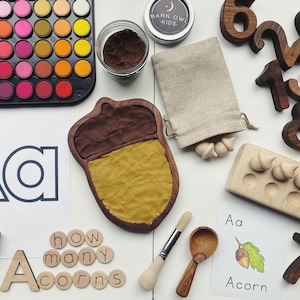 ACORN sensory board Walnut Wood Tinker autumn woodland oak sorting tray fall homeschool lesson play board plate trinket Montessori