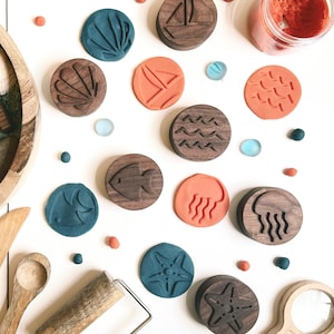 COASTAL walnut wood ocean beach playdough Stamp Set Chunky play accessory kids toddler stampers wood playdoh play dough blocks