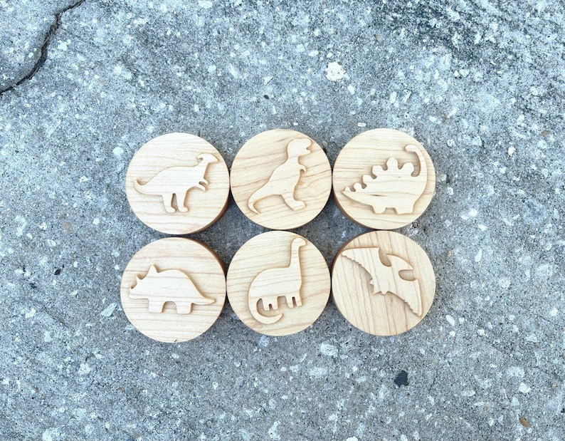 DINOSAURS Maple wood playdough Stamp Set Chunky dinos dino kids toddlers stampers wooden blocks play dough homeschool Montessori toy image 2