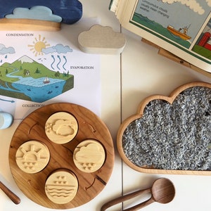 WATER CYCLE double sided play dough stamps maple wood 4 part homeschool lesson activity weather Montessori learning wooden toy lifecycle image 4