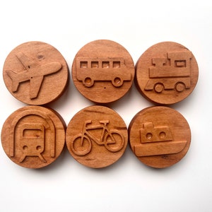 Transportation Cherry wood play dough Stamp Set Chunky bus airplane  toddlers stampers wooden blocks play dough homeschool Montessori toy