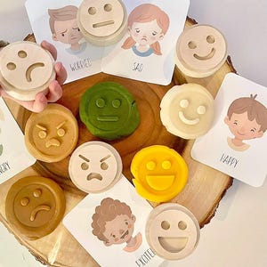 EMOTIONS Cherry wood play dough STAMP SET playdough crafts kids toddlers Feelings clay toy kit stampers homeschool Montessori lesson