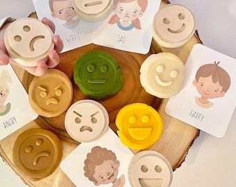 EMOTIONS Cherry wood play dough STAMP SET playdough crafts kids toddlers Feelings clay toy kit stampers homeschool Montessori lesson