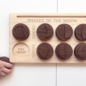 MOON PHASE engraved board with stamp set Chunky wood play sensory tray educational learning toddlers stampers wood playdoh play dough blocks