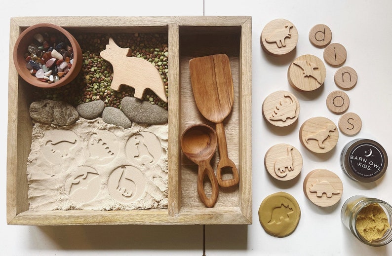DINOSAURS Maple wood playdough Stamp Set Chunky dinos dino kids toddlers stampers wooden blocks play dough homeschool Montessori toy image 3