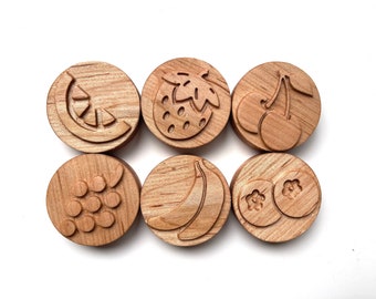 FRUTA Madera de arce juego de masa Sello Set Chunky dinos dino niños niños pequeños estampadores bloques de madera jugar masa en casa juguete Montessori