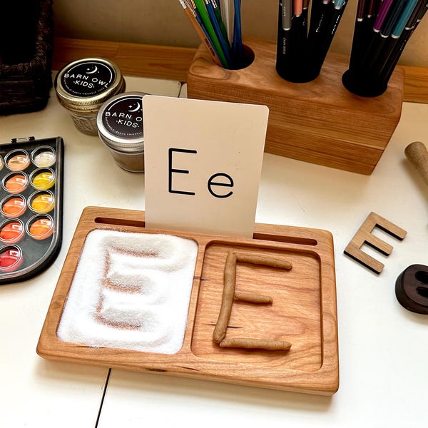 Montessori two part activity card salt tray maple wood educational homeschool lesson activity supplies lifecycle card holder letters numbers
