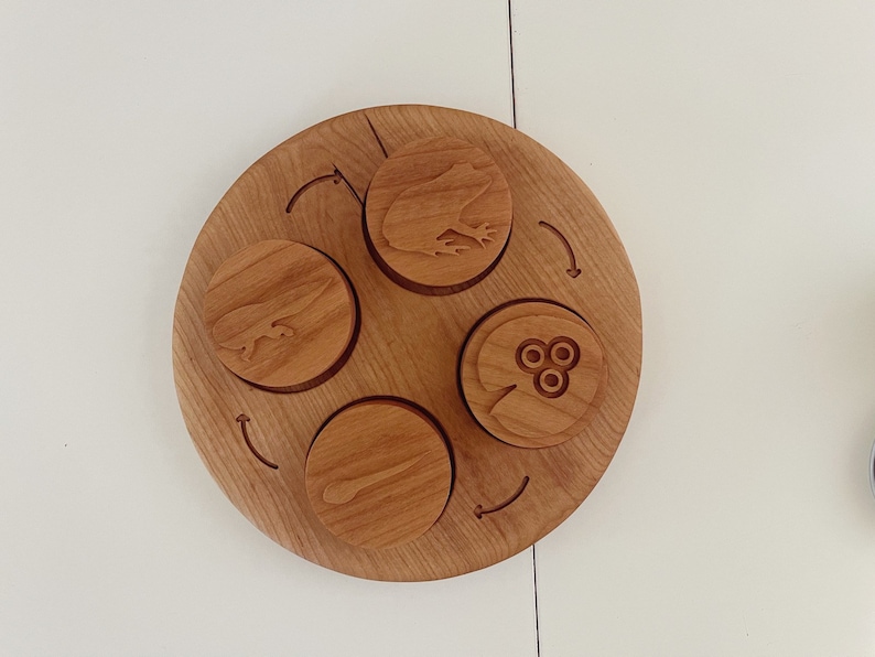 Peut inclure: Un plateau circulaire en bois avec quatre cercles encastr&eacute;s, chacun pr&eacute;sentant un motif diff&eacute;rent. Les motifs comprennent une grenouille, un poisson, un n&eacute;nuphar et une libellule. Le plateau est en bois brun clair et a une finition naturelle.