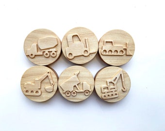 Construction trucks maple wood play dough stamp set wooden toy holiday festive play montessori kids toddlers stocking stuffer diggers