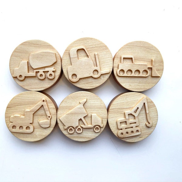 Construction trucks maple wood play dough stamp set wooden toy holiday festive play montessori kids toddlers stocking stuffer diggers