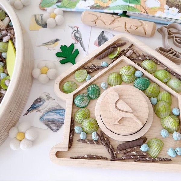 Birdhouse sensory tray with bird stamper maple wood tinker  sorting homeschool lesson play board plate spring toy Montessori fall nature