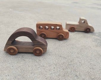 Handcrafted wooden Mini CAR TRUCK & BUS set wooden rolling minimalist handmade vehicle toddler baby kids toy