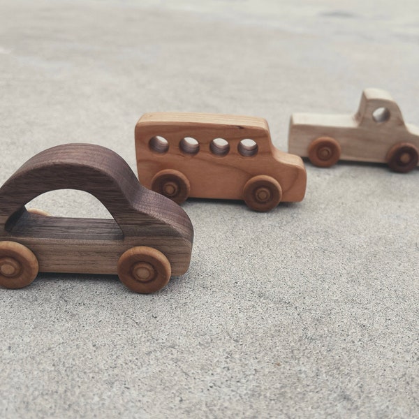 Handcrafted wooden Mini CAR TRUCK & BUS set wooden rolling minimalist handmade vehicle toddler baby kids toy