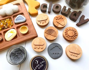 WEATHER Maple wood playdough Stamp Set Chunky sun crafts kids toddlers stampers wooden playdoh blocks play dough homeschool Montessori toy