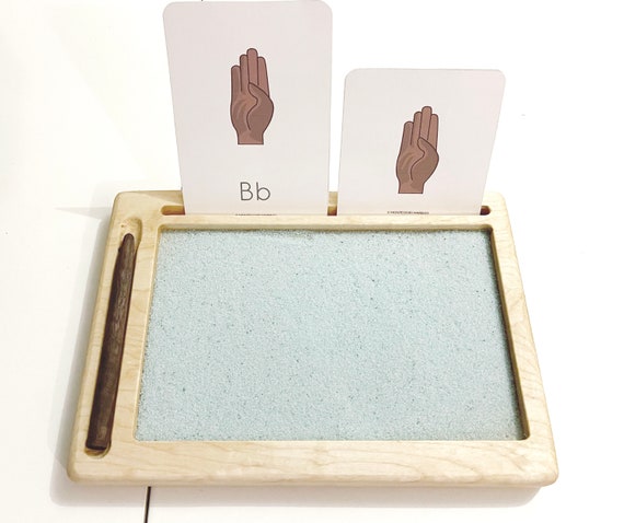Montessori Sand Tray with Flashcard Holder and Flashcards | Play Sand & Wooden Stylus | Sensory Bin | Tactile & Sensory Toys | Wood Learning and