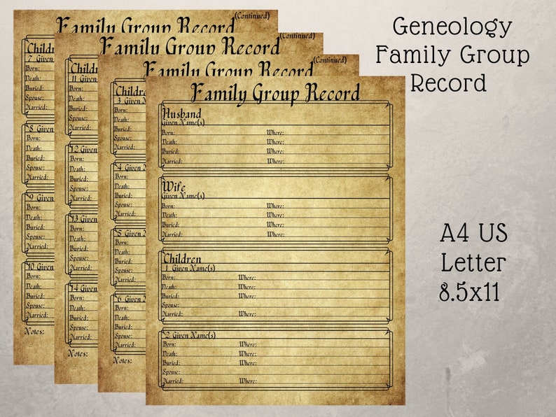 Genealogy Family Group Record - Printable Stationery - Vintage Paper ...
