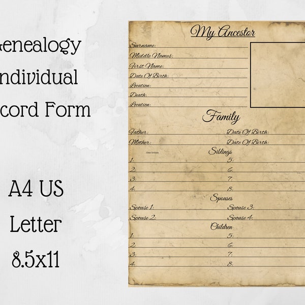 Printable Genealogy Individual Record - Printable Stationery - Vintage Paper - Keep Your Ancestors Information Together -