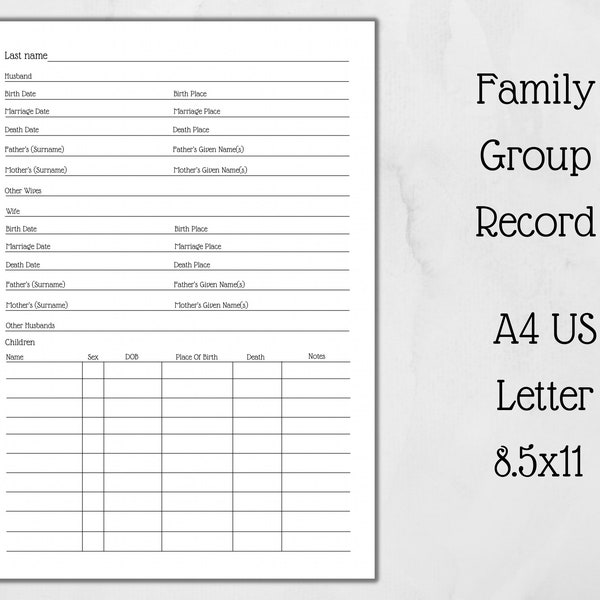 Genealogy Family Group Record - Printable Stationery - Keep Your Ancestors Information Together