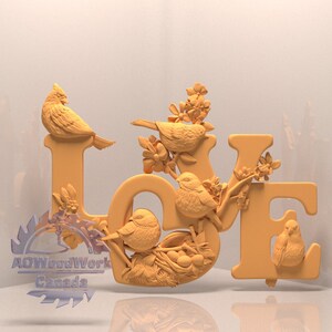 May include: A wooden sign spelling "LOVE" with carved birds and flowers. The sign is painted in a light brown colour.