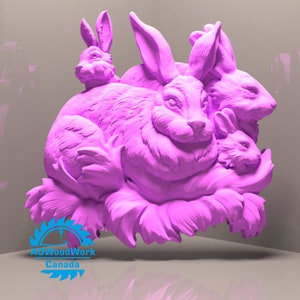 May include: A sculpture of five pink rabbits, intricately carved with a 3D effect. The rabbits, of different sizes, feature long ears and fluffy fur, arranged in a layered design. The sculpture has a soft, textured appearance.