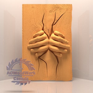May include: A wooden relief sculpture showing a pair of hands breaking through a cracked wooden panel. The hands are intricately carved, with detailed fingers and a textured surface. The wood is a natural, light brown colour.
