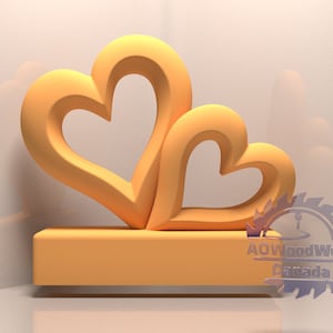 May include: Two interlocking wooden hearts, painted in a light orange colour, are displayed on a wooden base. The hearts are carved with a smooth, rounded surface. The base is also painted in a light orange colour. The image includes the text "ADWoodWork Canada".