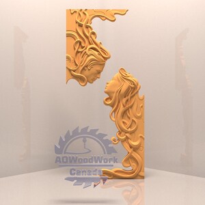 May include: Two golden-colored wood carvings of stylized female faces with flowing hair. The carvings are positioned to face each other, with the text "AQWoodWork Canada" in the lower corner. The carvings are likely for home decor.