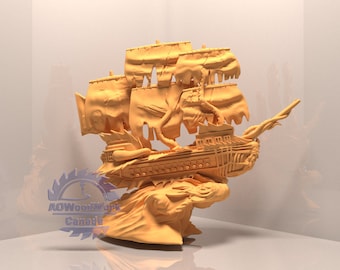 May include: A detailed, 3D printed model of a ship with a skeletal design, featuring a skull and crossbones motif. The ship is perched on a wave-like base, creating a dramatic and eerie scene.