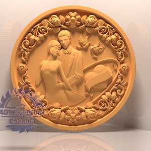 May include: A wooden carving of a couple standing together, surrounded by floral designs. The carving is in a circular shape and has a heart with a banner at the bottom.